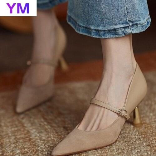 Mary Janes Flock Leather Shoes Women Pumps Pointed Toe Thick High Heel Sweet Casual Party Zapatos Rojos Mujer Sexy Shoes 2021