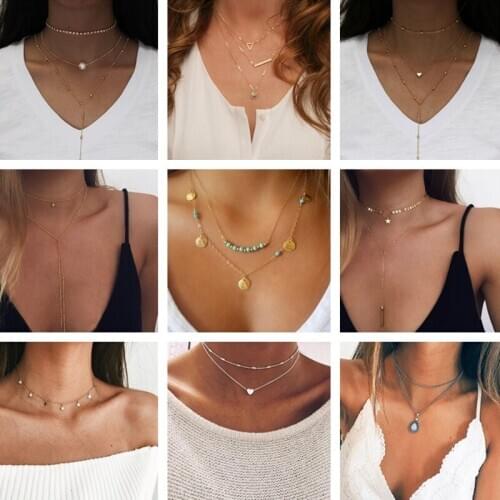 Vintage Stars Hearts Leaves Clavicle Chain Necklaces for Women Bohemian Moon Elephant Choker Jewelry Multi Layer Retro Collars