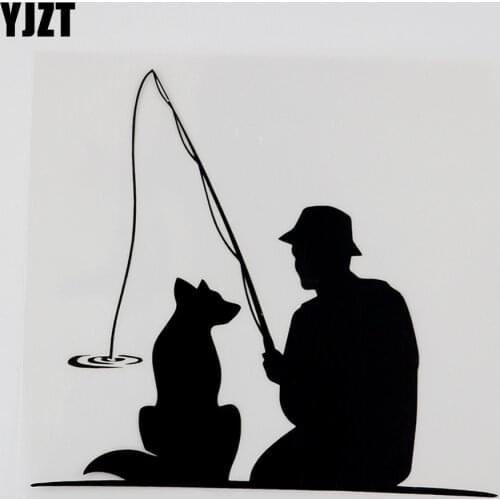 YJZT 14.8CMX13.7CM Fisherman With Dog Pet Fishing Vinyl Car Sticker Black/Silver 8A-0955