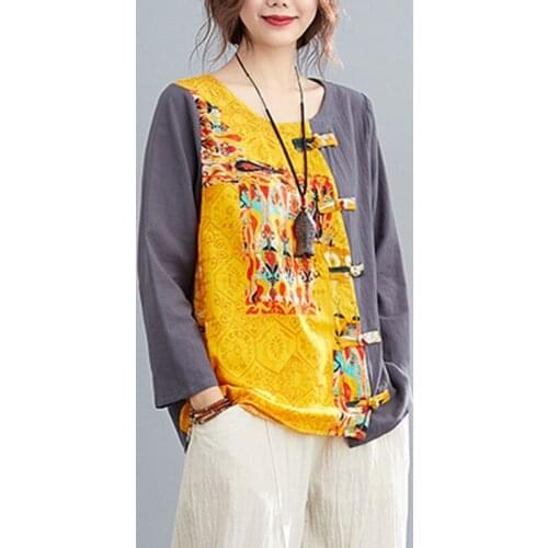 National Style Womens Cotton Linen Blouses Shirts New 2021 Spring Vintage Casual Patchwork Printed Loose Button Long Sleeve Tops