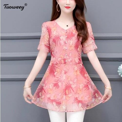 Women Casual short Sleeve Plus Size 2021 new Fashion Women Summer Style Chiffon Blouses Print Loose Shirt Elegant Women Tops