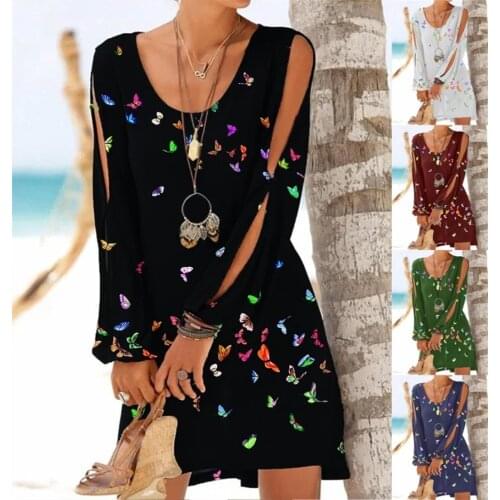 Dress Women Summer 2021 off-the-shoulder hollow-out long-sleeved Butterfly Printing Round Collar Dresses Casual Vestidos GMT5003