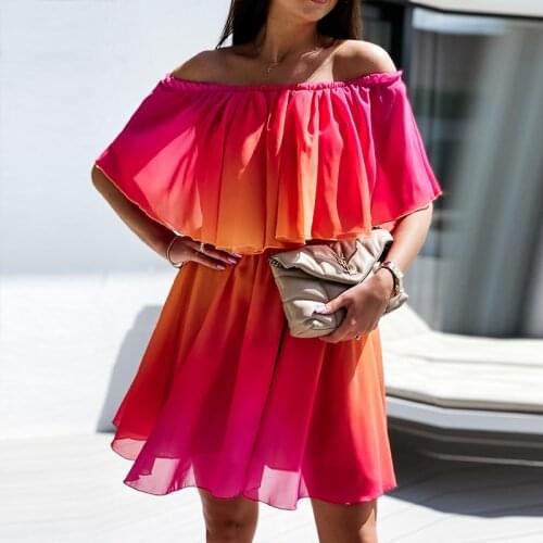 2021 New Summer Off Shoulder Tie Dye Print Dress Women Ruffle A Line Chiffon Dress Fashion Femme Short Holiday Pink Party Dress