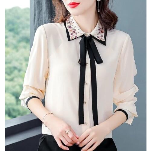 S-3XL 2021 Spring Elegant Bownot Chiffon shirt New Fashion single-breasted OL Tops Plus size Diamond Women blouse Blusa