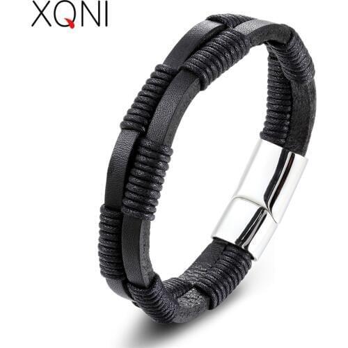 XQNI New Genuine Leather Bracelet Twining Bundling Line Geometric Pattern Black/Brown Color Easy Hook Accessories Jewelry Gift