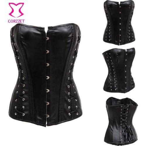 Black Faux Leather Criss Cross Lace Up Front Corselet Overbust Gothic Corset Sexy Burlesque Corsets and Bustiers Espartilho