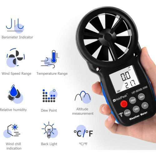 866B-WM Digital Anemometer for Measur Wind Speed,Temperature (℃/℉),Dew point and Wind Chill with Backlight and Humidity Tester