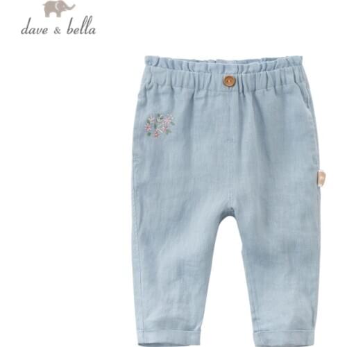DBZ17544 dave bella spring baby girls fashion floral embroidery pants children full length kids pants infant toddler trousers