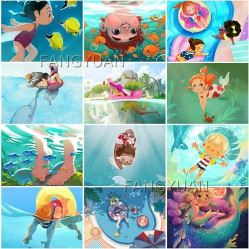 Diy Diamond Painting Cartoon Kids Play In The Swimming Pool Rhinestone Embroidery Wall Art Pictures for Childrens Gifts