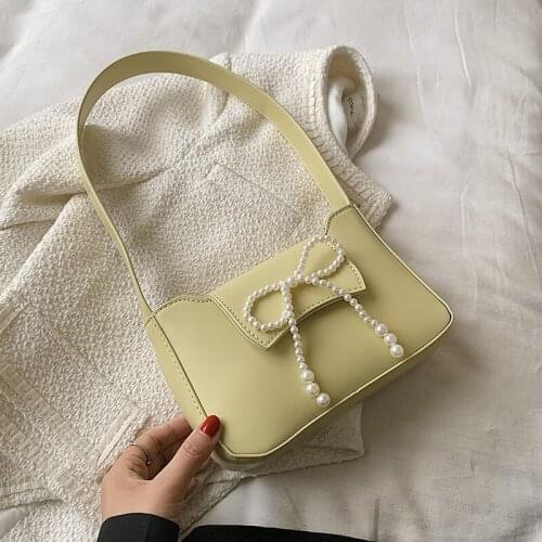 Designer PU Leather Baguette Bag with Pearl Bow for Women 2021 Female Travel Fashion Solid Color Shoulder Purses and Handbags