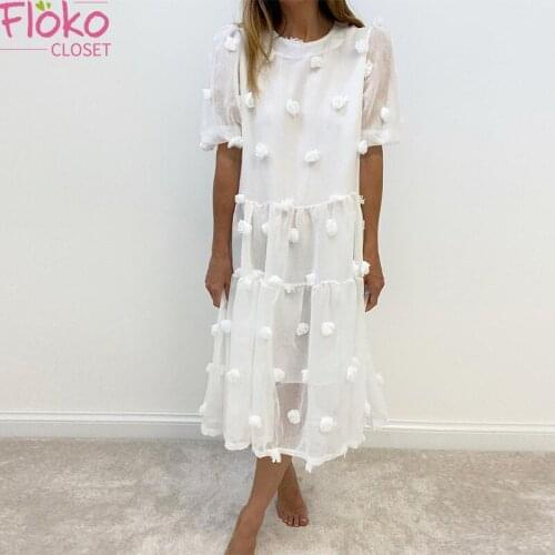 Flokoclsoet Summer O Neck Maxi Dress Elegant Tassel Ball Mesh Party Dress Women Casual Short Sleeve Beach Long Dresses