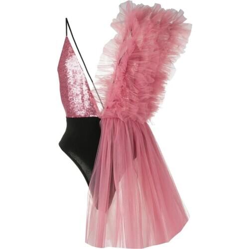 Chic Sequined Asymmetrical Women Bodysuits Ruffles Tulle Women Jumpsuit Summer Rompers Womens Clothing Vestidos