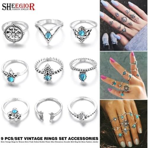 9 Pcs/Set Baroque Vintage Rings Sets for Women Accessories Boho Retro Crown Flower Blue Rhinestone Knuckle Ring Men Fashion Gift