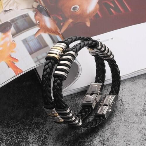 JOINBEAUTY New Punk Black Multilayer Braided Leather Bracelet Men Stainless Steel Classic Bangle Trendy Wristband Bracelet HY011