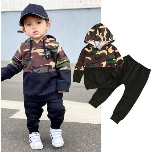 2-6Y Kids Boy Clothes Sets Suit Winter Autumn Camouflage Hooded Long-sleeved Sweater+ Sweatpants Baby Girls 2pcs Childrens Suit