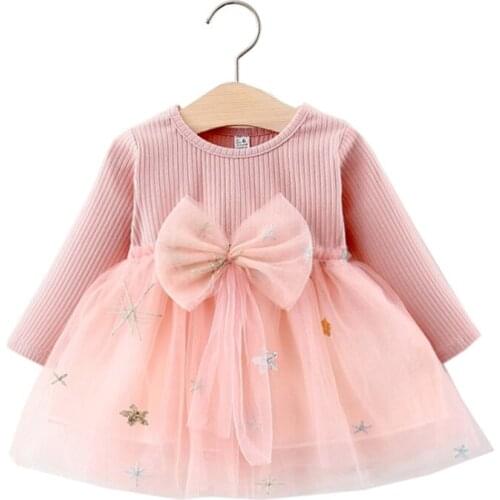 Infant Baby Girl Dress 2021 Spring Autumn New Bow Mesh Princess Dresses for Newborns Long Sleeve Cotton Kids Clothes