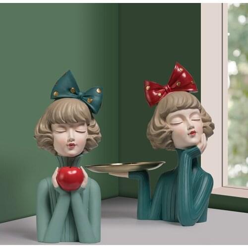 Nordic Ins Resin Bow Girl Fruit Dish Tray Desktop Storage Abstract Figure Sculpture Modern Home Decoration Childrens Girls Room