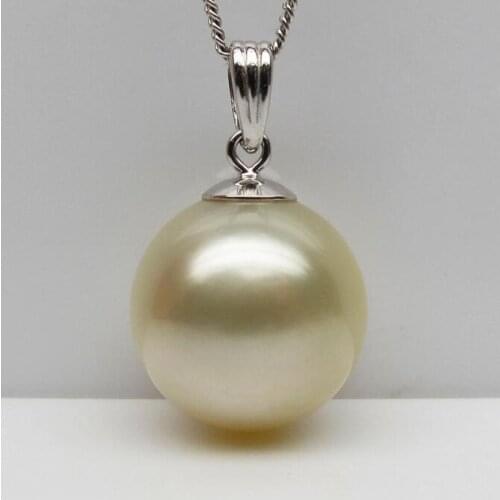12.6mm Round Light Golden Genuine South Sea Pearl Pendant 14k Solid White Gold Free Shipping