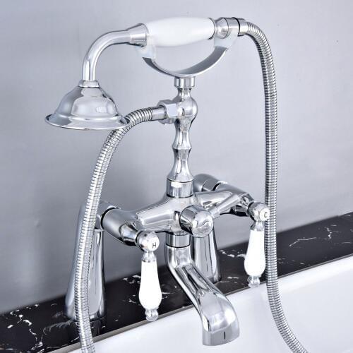 Polished Chrome Deck Mounted Bathroom Tub Faucet Dual Handles Telephone Style Hand Shower Clawfoot Tub Filler atf765