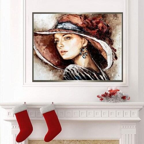 Sexy beautiful hand painted oil painting figure with hat elegant girl painting decoration living room background portrait hall h