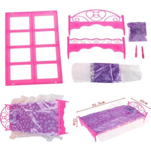 Pretend Play Toy For Children Plastic Bed Bedroom Furniture For Dolls Dollhouse Furniture Toy Pink Color