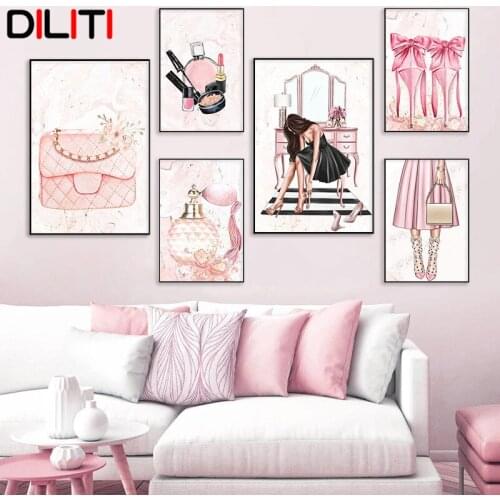 Pink Fashion High Heels Girl Canvas Painting Lipstick Perfume Wall Art Pictures for Living Room Posters and Prints Home Decor