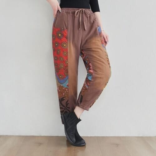 Thicken Harem pants Women Winter Chinese style Cotton Patchwork Trousers Ethnic Vintage Printed Elastic Waist Loose Joggers