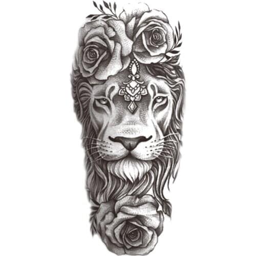 Waterproof Temporary Tattoo Sticker Black Lion Rose Flowers Jewelry Design Fake Tattoos Flash Tatoos Arm Body Art for Women Men