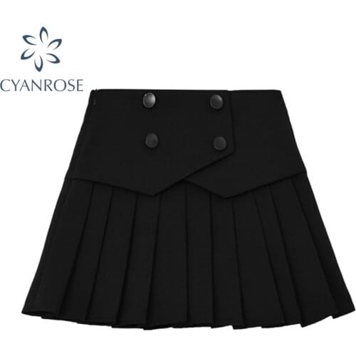 Womens Y2K Fashion Black Pleated Skirts Double Breasted Streetwear OL Preppy Style Elegant Crop Skirt Sexy Loose Summer Clothes