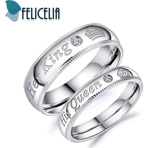 Felicelia Her King and His Queen Rings Stainless Steel CZ Couples Rings Men Women Romantic Wedding Engagement Fashion Jewelry