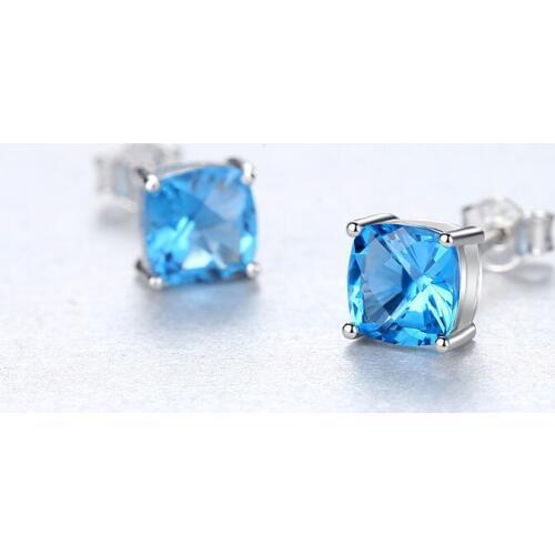 DOTEFFIL New Elegant 925 Silver Sterling Square Stud Earrings for Women Party Wraped Blue Gemstone Fashion Pendientes Jewelry