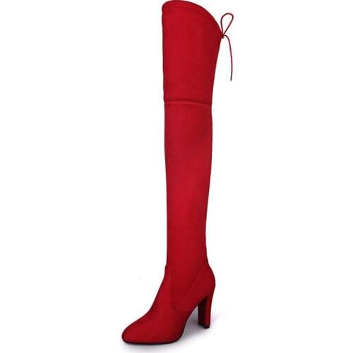 Womens Thigh High Boots Stretchy Over The Knee Chunky Block Heel Boots