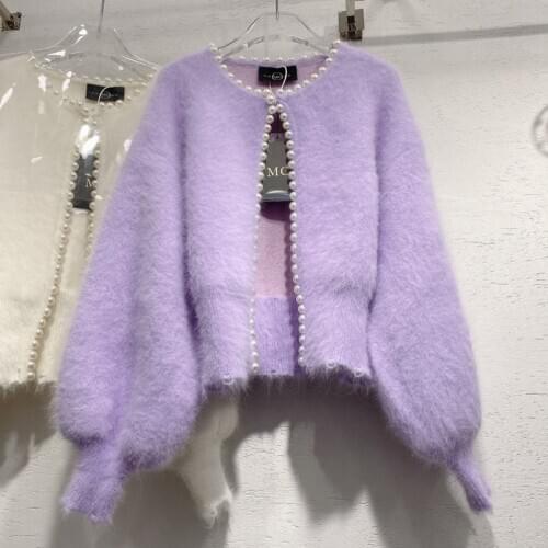 High Quality Winter Fashion Korean Casual Pearls Cardigan Jacket Long Sleeve Mink Cashmere Soft Knitted Sweater Women Pull Femme