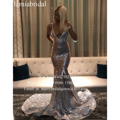 Sexy Bakcless Silver Sequined Mermaid Prom Dresses 2K19 Plus Size Crystals Cheap Black Girl 2019 Girl Pageant vestidos de fiesta