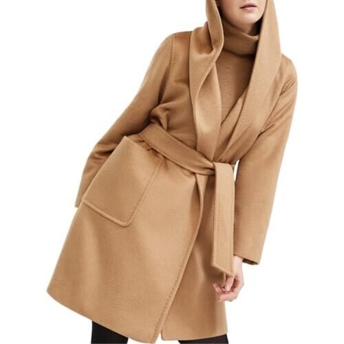 Korean Long Hooded Wool Coat Women 2020 New Autumn Winter Casual Belt Streetwear Solid Color Outerwear Female Casaco Feminino