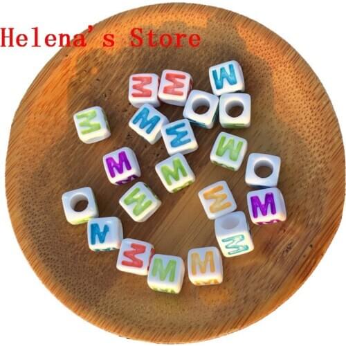 1900PCS Assorted Color Single Letter M Printing Acrylic Cube Alphabet Jewelry Beads 7*7MM Big Hole Plastic Initial Square Beads