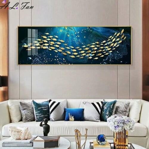 Golden Fish Moon Abstract Wall Poster Modern Style Canvas Print Painting Contemporary Art Living Room Entrance Decoratio Picture