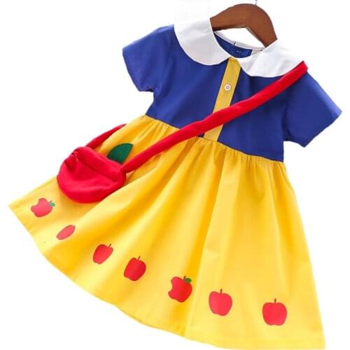 Snow White Girls Dress With A Bag Summer School Uniform Short Sleeve Birthday Present Toddler Baby Kids Dress Children Clothing