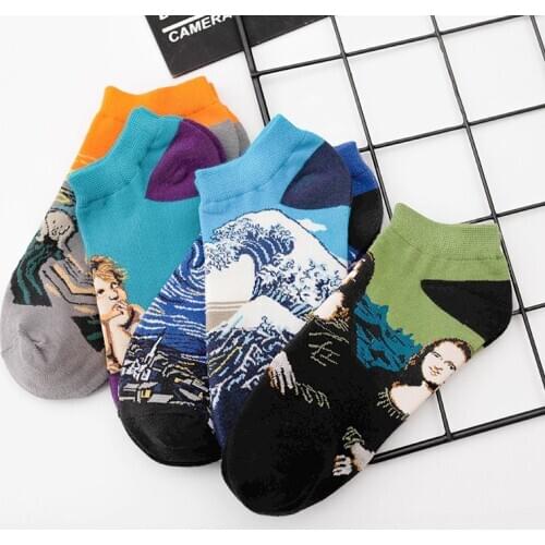 Womens New Retro Art Mural World Famous Oil Painting Series Funny Angel Mona Lisa Scream Van Gogh Starry Sky Short Ankle Socks