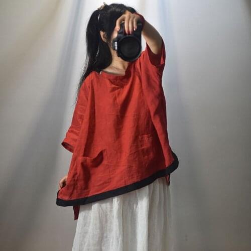 Women Plus Size Patchwork Ramie T-shirt Tees Shirt Tops Ladies 2020 Summer Oversized Spliced Tees Tops Female Vintage Ramie