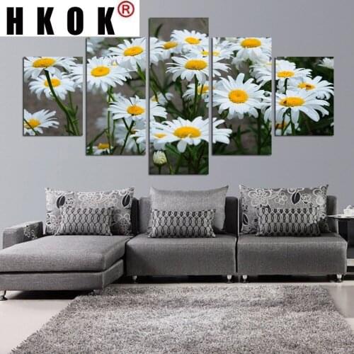 HKOK 5 Panels Canvas Painting Flower Modular HD Printed White Daisy Posters Print Wall Picture for Living Room Home Decor