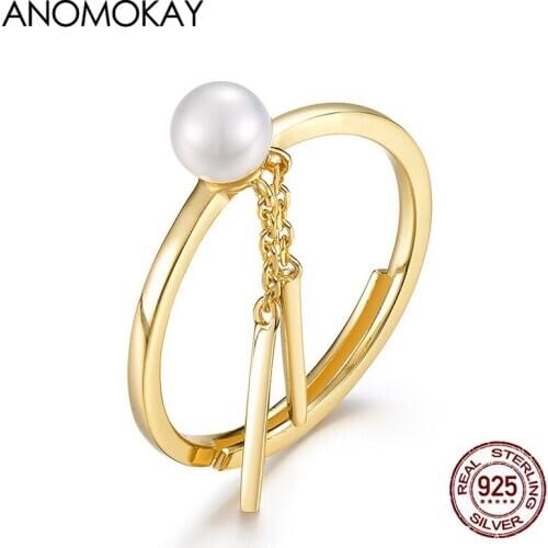 Anomokay Natrue Pearl Gold Color Rings with Chain Link Tassel Real Sterling 925 Silver Resizable Ring for Women Fashion Jewelry