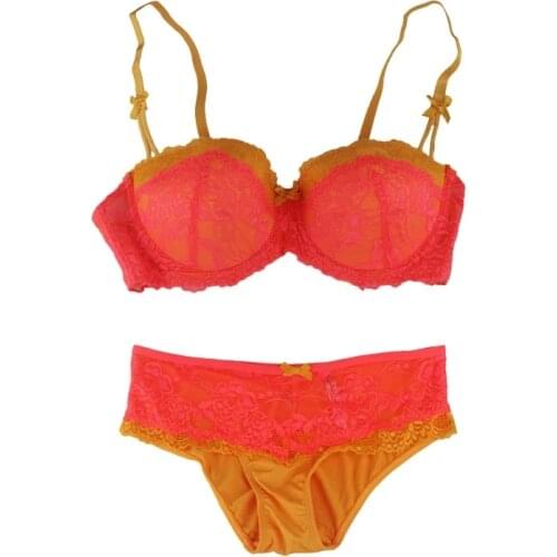 Fashion Lace Flower Orange Yellow Bow Sexy Bra Brief 2pcs Set for Women/Female/Lady Floral Modern Underwear Lingerie BRB008