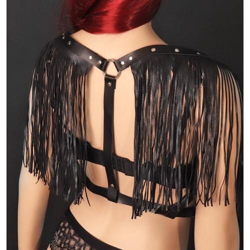 Punk Leather Women Crop Top Harness Tassel Bra Sexy Chest Bondage Straps Lingerie Adjustable Body Suspender BDSM Club Rave