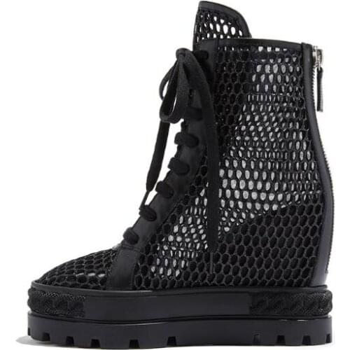 Summer Genuine Leather Shoes Platform Wedges Women Height Increasing Causal Ankle Boots Back Zipper Mesh Sneakers Thick Sole