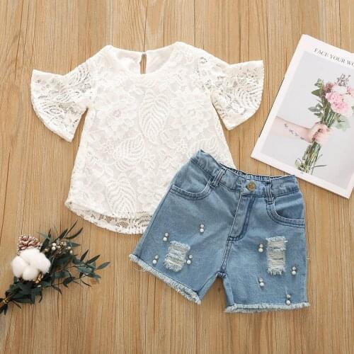 Infnat Girls Clothes Summer Casual Set Floral Embroidery Short Flare Sleeve Lace Tops + Solid Ripped Short Jeans Children Outfit