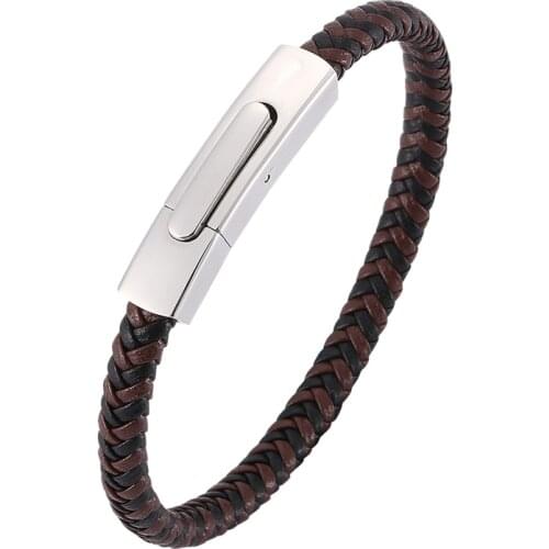 Fashion Unisex Jewelry Brown Braided Leather Women Bracelet Men Steel Clasps Male Wristband Casual Bracelets Bangles Gift PD0043