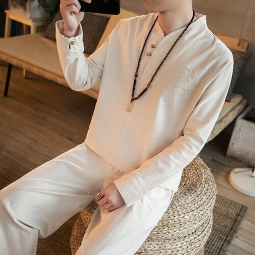 Autumn and Winter Chinese Style Mens Clothing Cotton Linen Hanfu Tang Suit Two-piece Set Long Sleeved Top + Pants