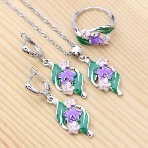 925 Sterling Silver Bridal Jewelry Set Colorful Enamel Crystal Jewelry Womans Ring Pendant Necklace Drop Earring Set