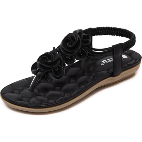 Casual Beach Sandal Shoes Women Sandals New Flip Flop Solid Color Flower Ladies T-Strap Summer Flat Sandals Zapatos Mujer